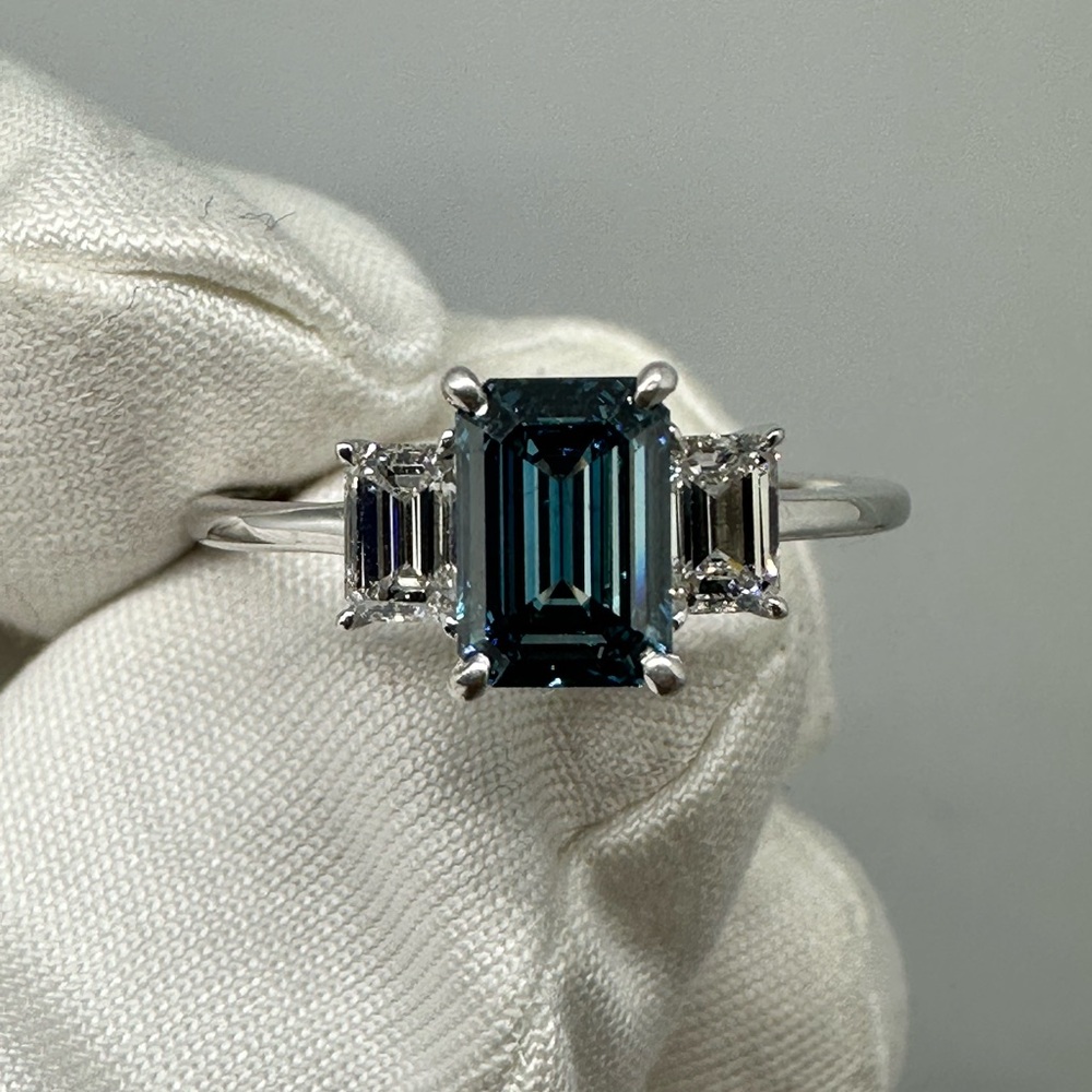 Blue Emerald Cut Lab Diamond 14KW Ring W IGI Report & Appraisal